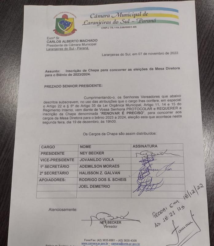 “Renovar é preciso” é a segunda chapa inscrita para concorrer à Mesa Diretora Biênio 2023-2024